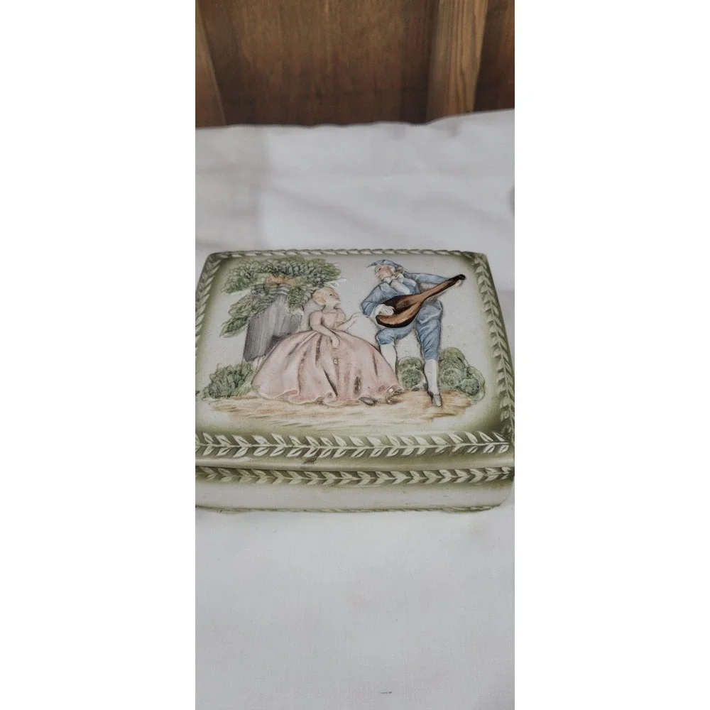 Vintage Bisque Porcelain trinket box Collectable 3D Victorian couple.